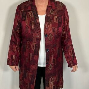 Chico's 80’s Blazer Duster Knee Length Burgandy, Black & Gold Patterned